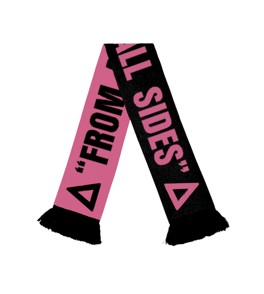 Pink and black scarf with 'From All Sides' text