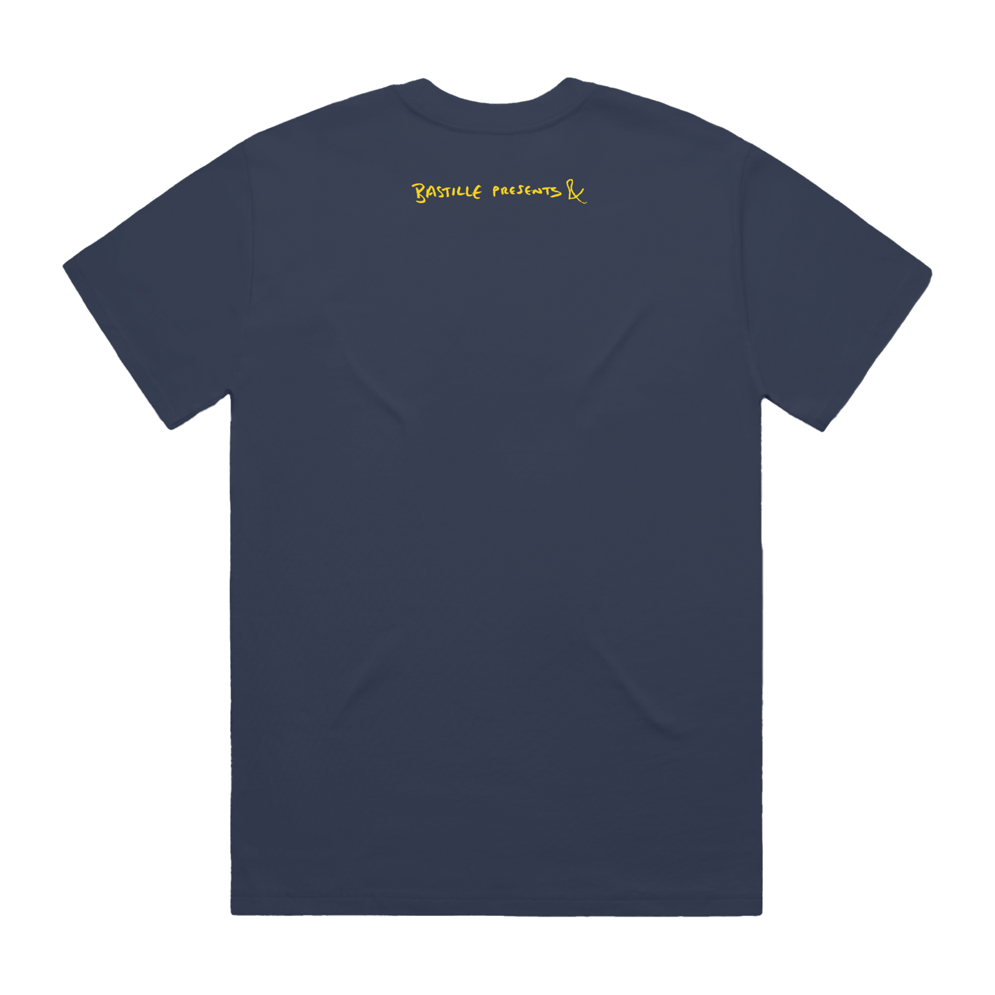 Navy blue t-shirt with 'Bastille Presents &' yellow text on the back 