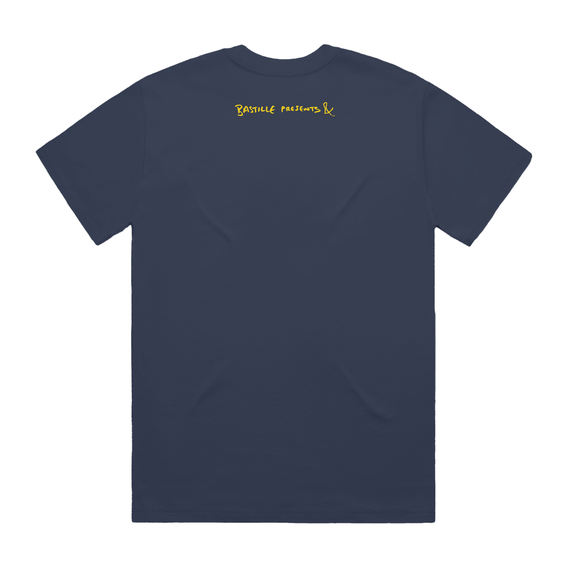 Navy blue t-shirt with 'Bastille Presents &' yellow text on the back 