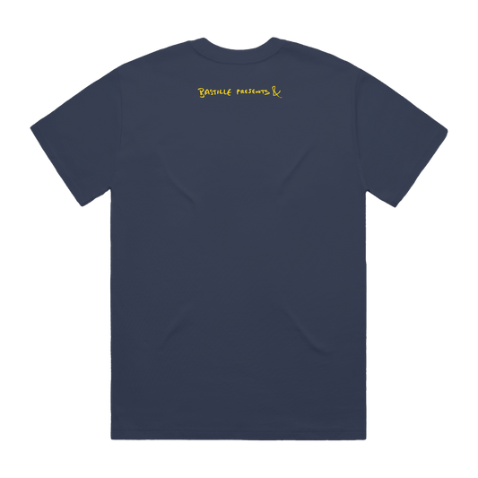 Navy blue t-shirt with 'Bastille Presents &' yellow text on the back 