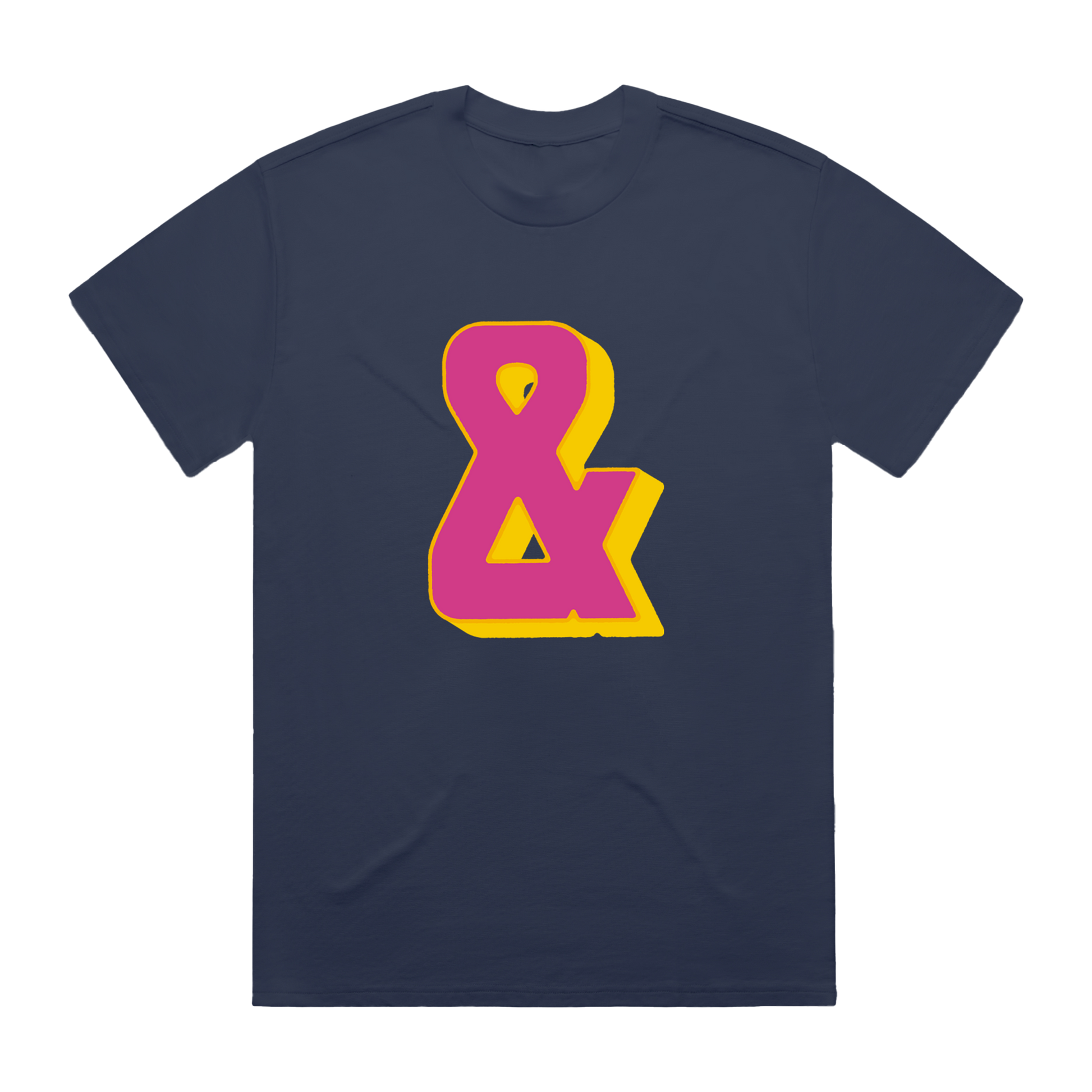 Navy blue t-shirt with a pink and yellow ampersand design on front