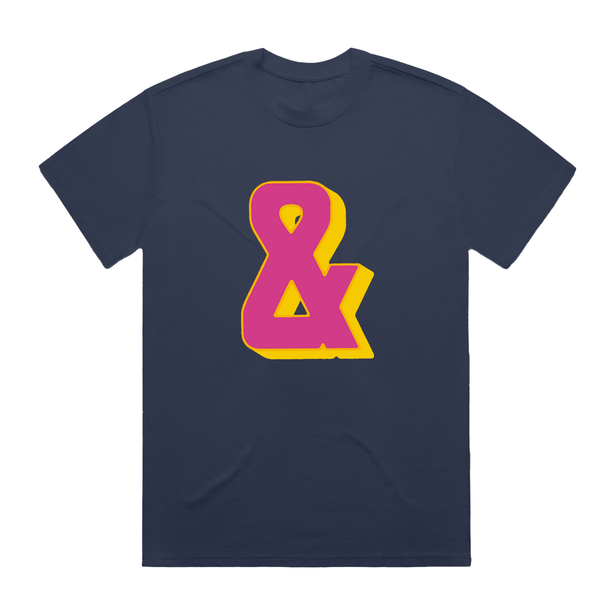 Navy blue t-shirt with a pink and yellow ampersand design on front