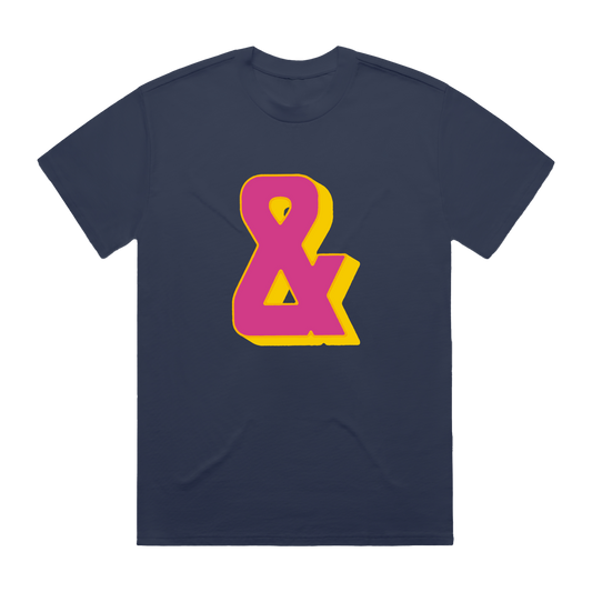 Navy blue t-shirt with a pink and yellow ampersand design on front
